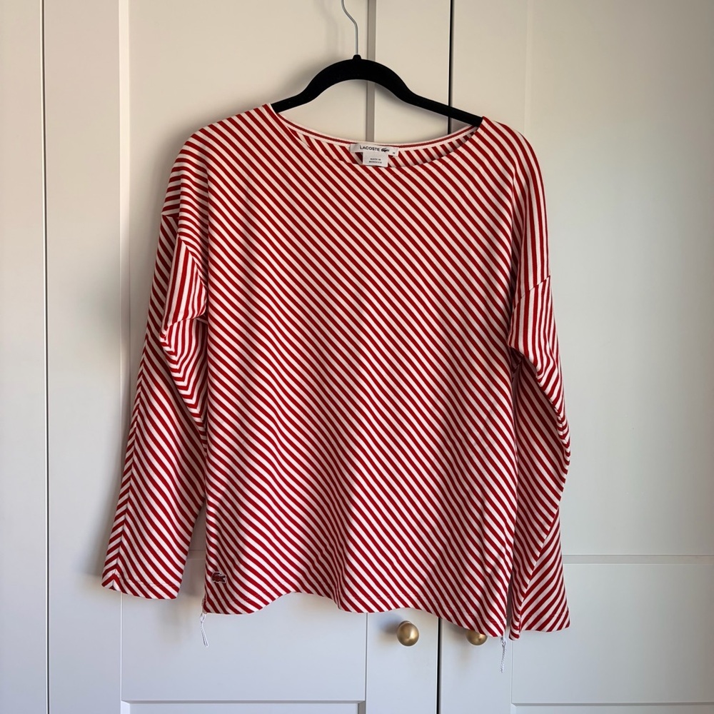 Lacoste Red and White Diagonal Stripe Long Sleeve Top with side zippers | 38 - Picture 1 of 6